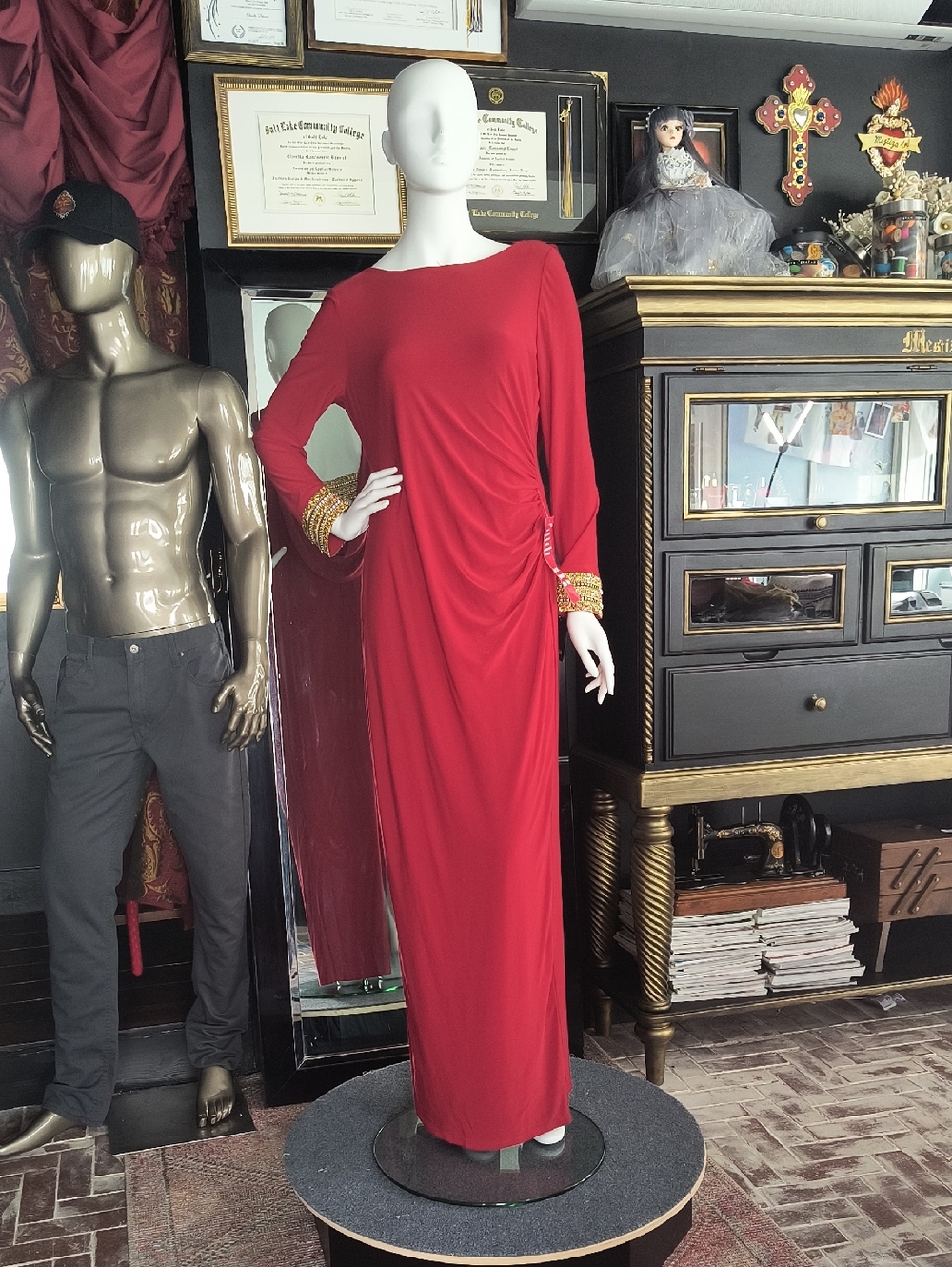 MARINA Red Long-Sleeve Ruched Maxi Dress with Beaded Cuffs
